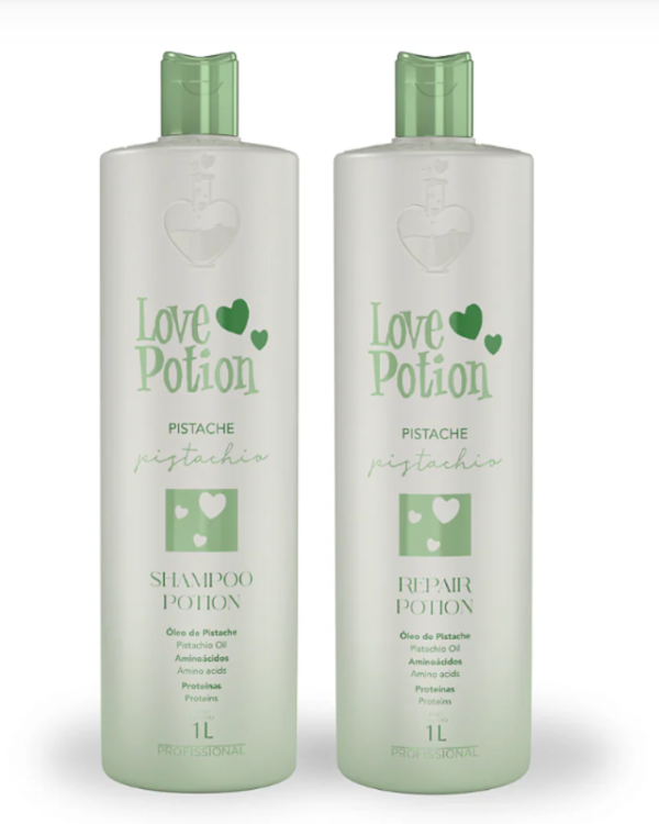 Love Potion Pistache, keratyna wygładzająco-odbudowująca do włosów, zestaw z szamponem oczyszczającym, 2x1000 ml